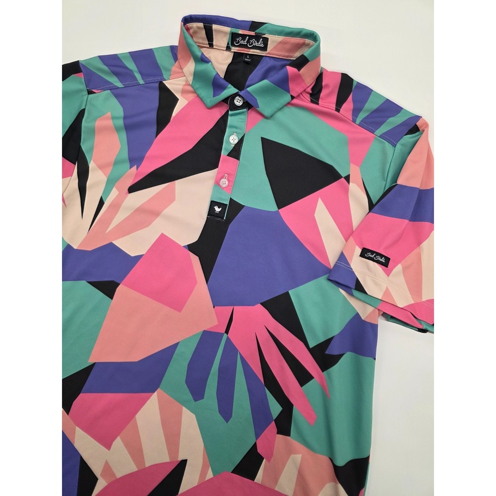 Bad Birdie Montage Geometric Golf‎ Polo Shirt Blue Pink Green Mens Size Large